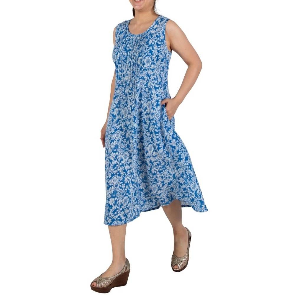 La Cera Crinkle Cotton A-line Print Dress‎ Blue Floral Sleeveless Boho Midi Sz S